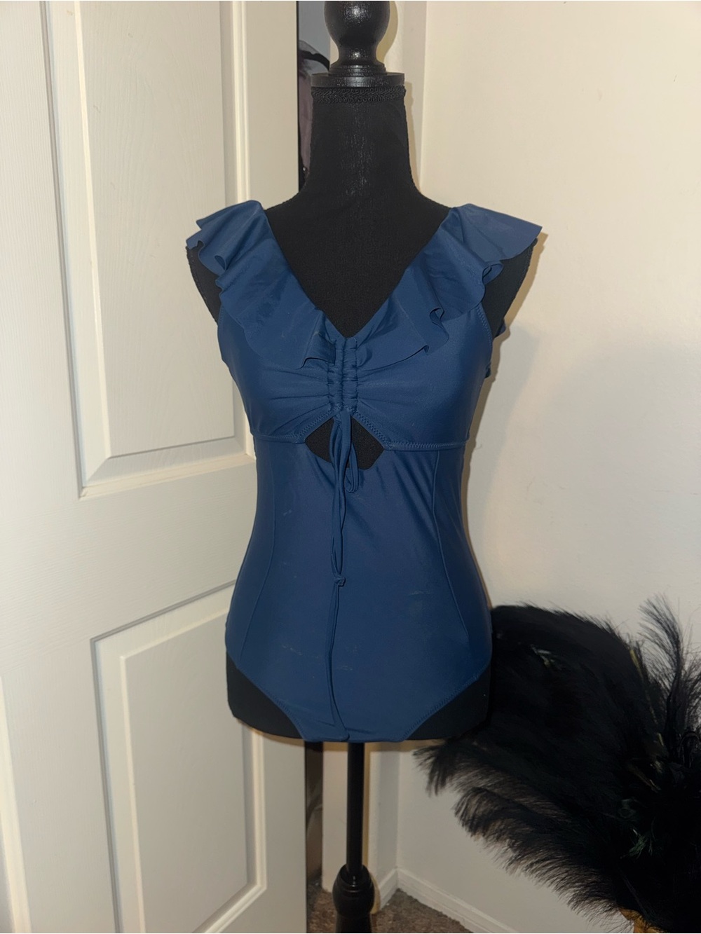 Ruffle V-Neck Navy Women’s Top with Front Tie swimsuit
